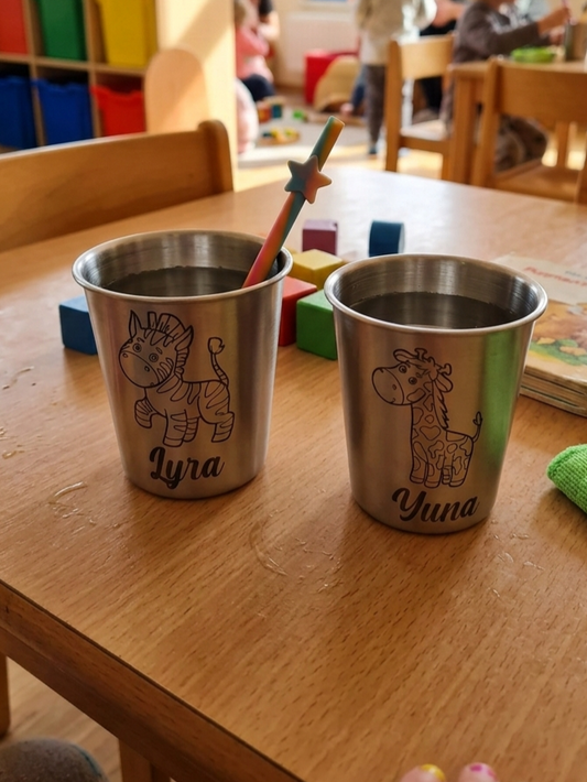 Edelstahl Becher, personalisiert, Kita, Kindergarten, Krippe, Mehrwegbecher, Trinkbecher